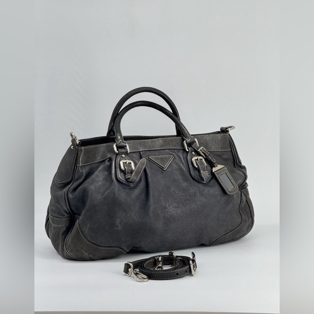 PRADA 2way Grey Leather Tote Shoulder Bag